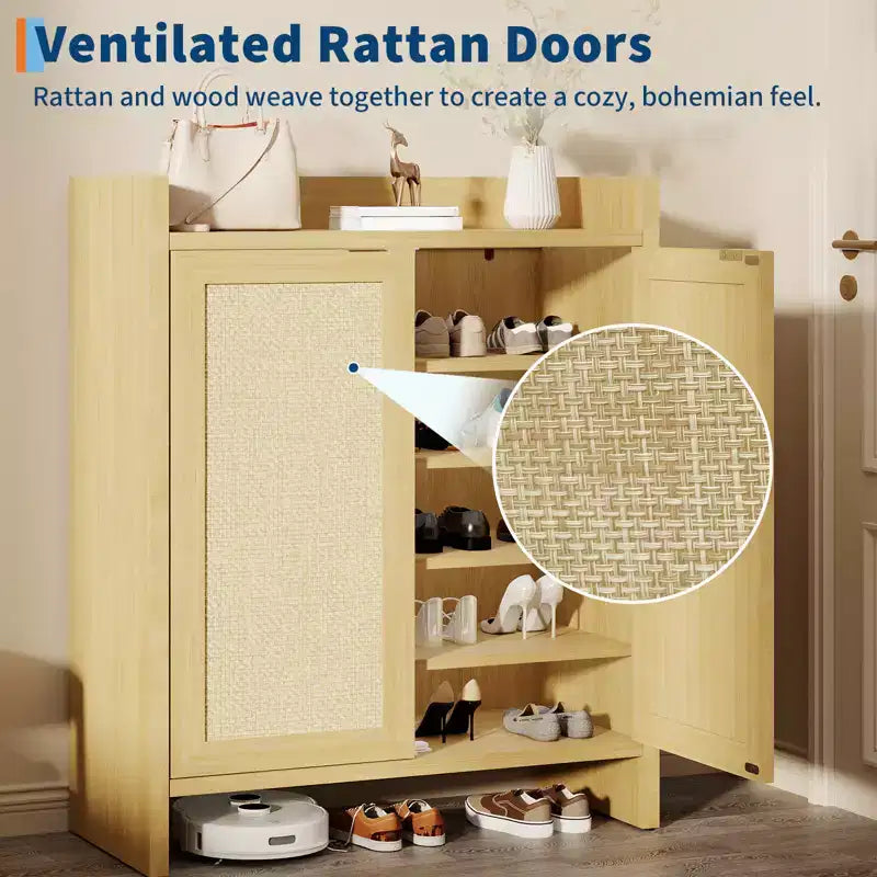 Meuble de rangement pour chaussures en rotin, organisateur de chaussures en bois de style ferme avec étagères réglables pour entrée, couloir, cuisine, salon, chambre, chêne clair