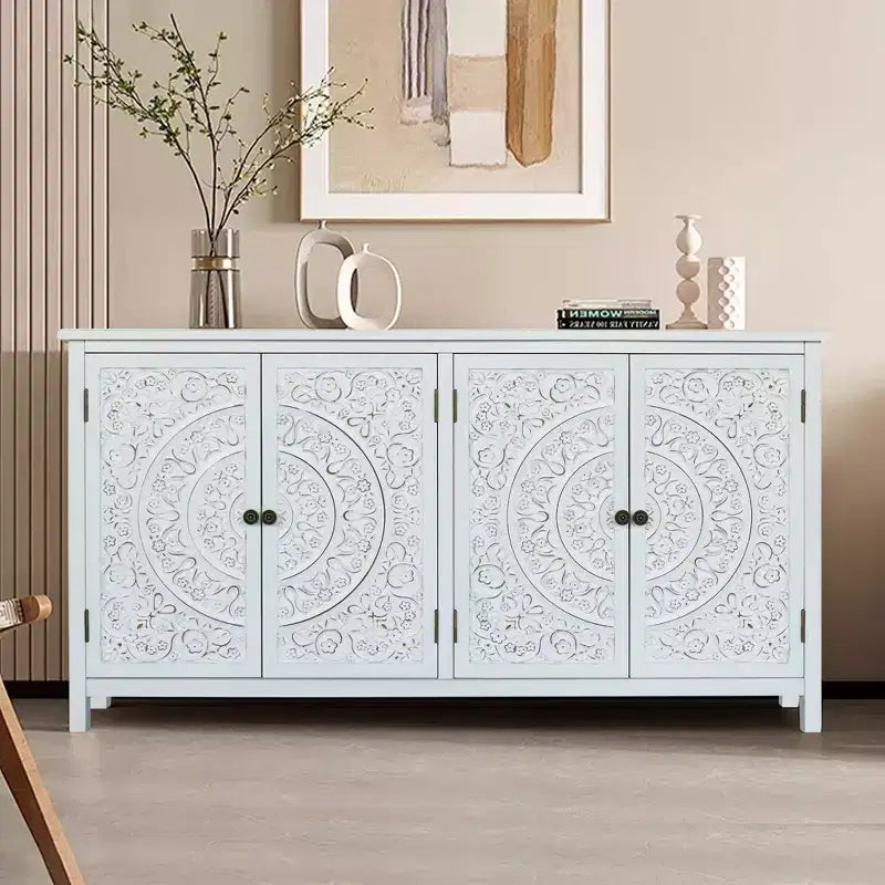 60in Sideboard Pantry Cabinet, Rustic Wood Accent Storage Cabinet with 4 Doors, Versatile Buffet Cabinet for Home Decor and Organization White