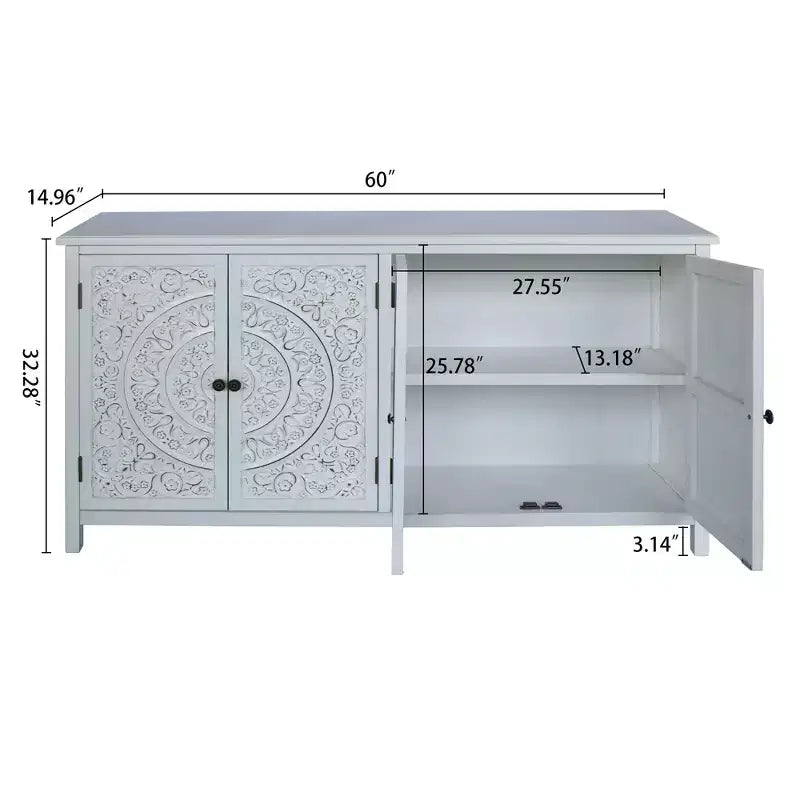 Buffet de salle à manger avec placard de 152 cm, Armoire de rangement en bois rustique avec 4 portes, Buffet polyvalent pour la décoration et l'organisation de la maison, Blanc