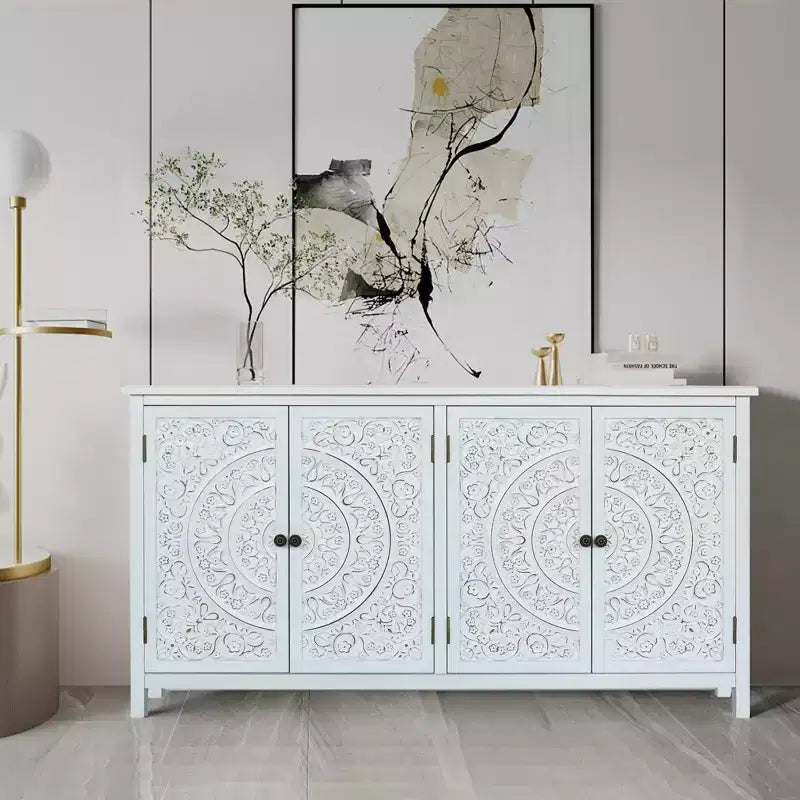 Buffet de salle à manger avec placard de 152 cm, Armoire de rangement en bois rustique avec 4 portes, Buffet polyvalent pour la décoration et l'organisation de la maison, Blanc