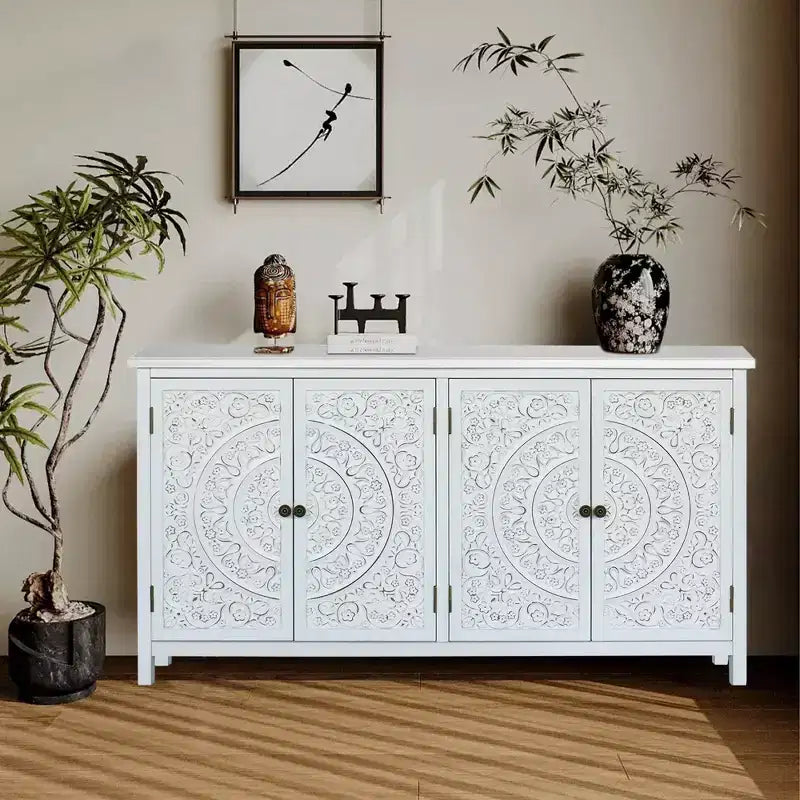 Buffet de salle à manger avec placard de 152 cm, Armoire de rangement en bois rustique avec 4 portes, Buffet polyvalent pour la décoration et l'organisation de la maison, Blanc