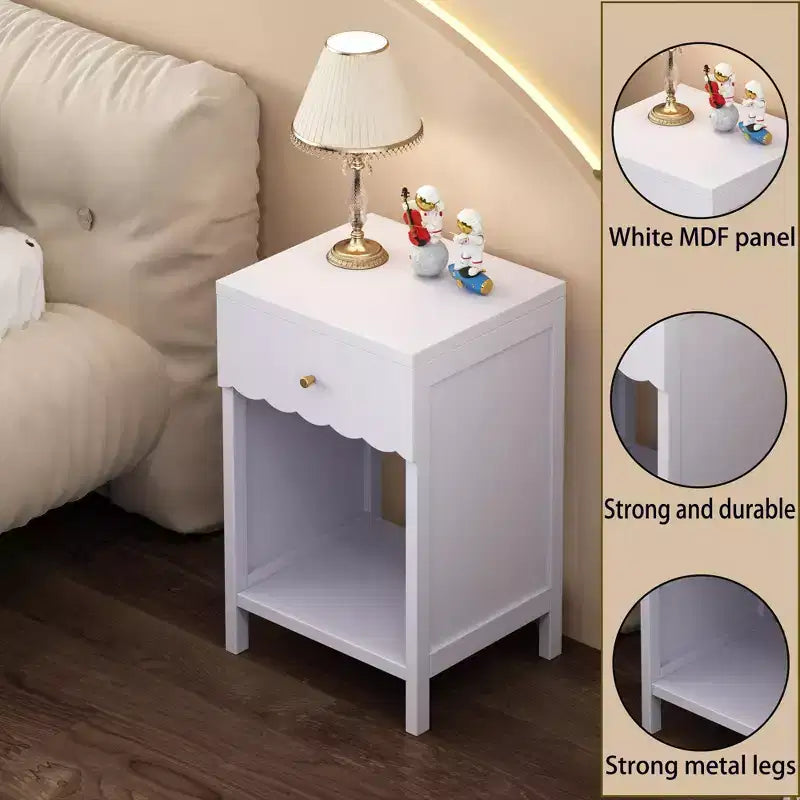 Table de chevet à bords festonnés avec tiroir et étagère ouverte, Table de chevet compacte, Table d'appoint pour chambre à coucher, chambre d'enfant