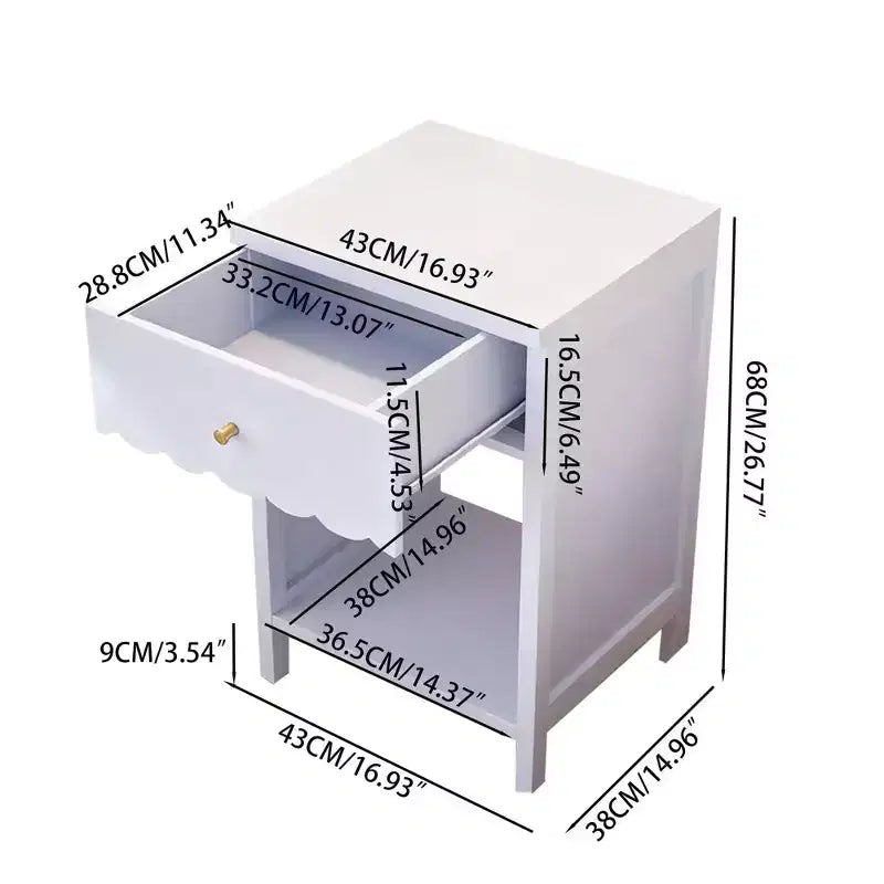 Table de chevet à bords festonnés avec tiroir et étagère ouverte, Table de chevet compacte, Table d'appoint pour chambre à coucher, chambre d'enfant