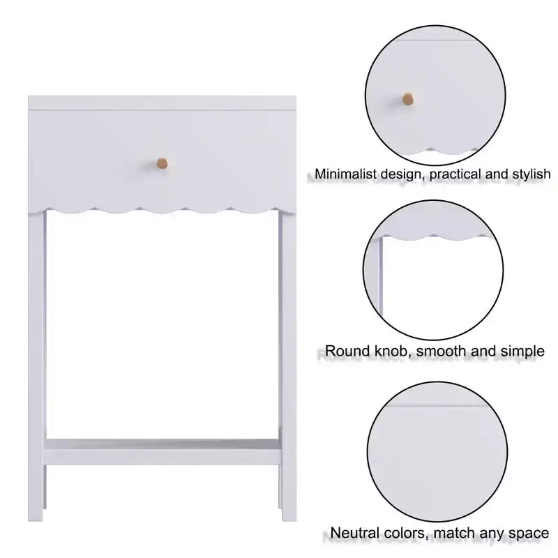 Table de chevet à bords festonnés avec tiroir et étagère ouverte, Table de chevet compacte, Table d'appoint pour chambre à coucher, chambre d'enfant