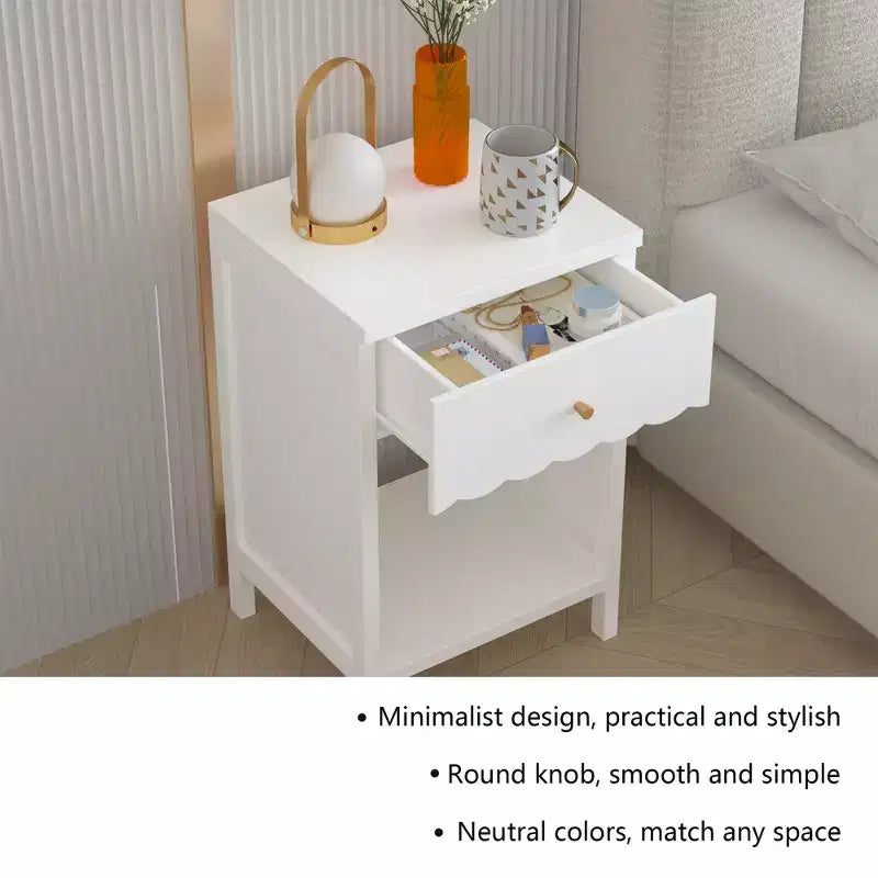 Table de chevet à bords festonnés avec tiroir et étagère ouverte, Table de chevet compacte, Table d'appoint pour chambre à coucher, chambre d'enfant