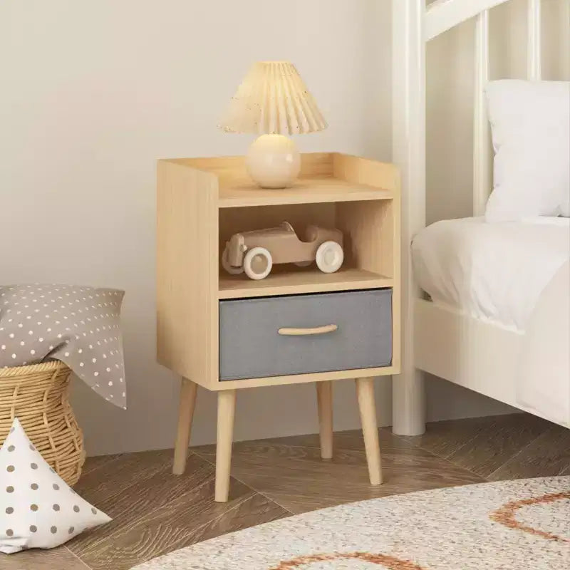 TUYOHW Modern Nightstand With Collapsible Fabric Drawer,Storage End Table with Open Shelf,Wood Side Table for Kids,Adults,Bedroom,Living Room,Oak