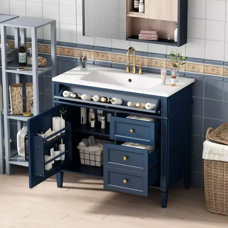 Meuble Lavabo Salle de Bain 36 po avec Évier, Meuble de Rangement Salle de Bain avec Tiroirs, Meuble Lavabo Simple
