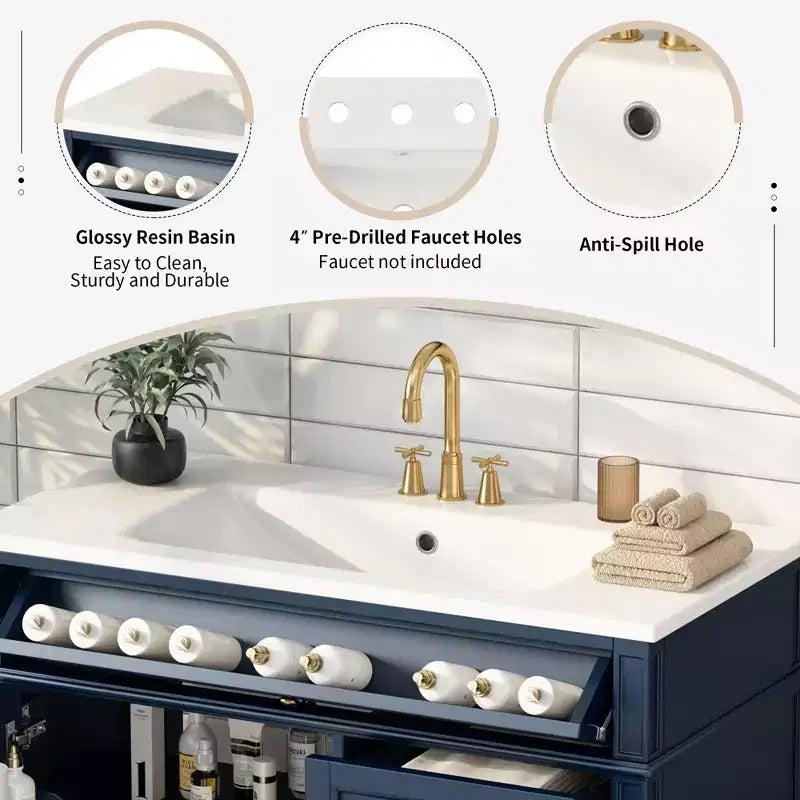 Meuble Lavabo Salle de Bain 36 po avec Évier, Meuble de Rangement Salle de Bain avec Tiroirs, Meuble Lavabo Simple
