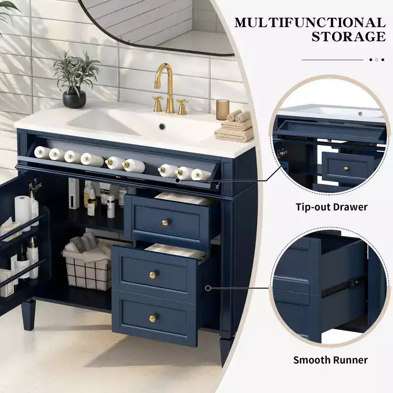 Meuble Lavabo Salle de Bain 36 po avec Évier, Meuble de Rangement Salle de Bain avec Tiroirs, Meuble Lavabo Simple