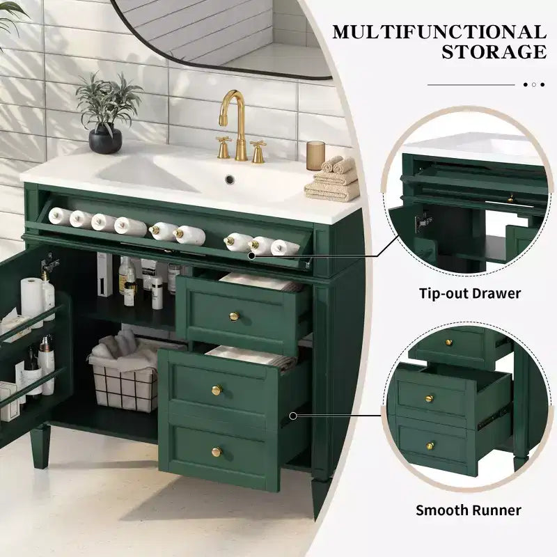 Meuble Lavabo Salle de Bain 36 po avec Évier, Meuble de Rangement Salle de Bain avec Tiroirs, Meuble Lavabo Simple