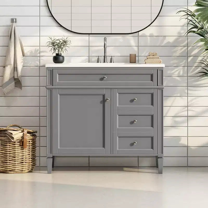 Meuble Lavabo Salle de Bain 36 po avec Évier, Meuble de Rangement Salle de Bain avec Tiroirs, Meuble Lavabo Simple