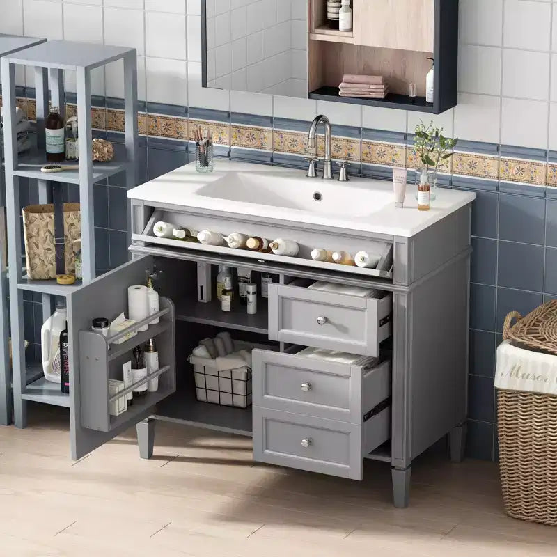 Meuble Lavabo Salle de Bain 36 po avec Évier, Meuble de Rangement Salle de Bain avec Tiroirs, Meuble Lavabo Simple