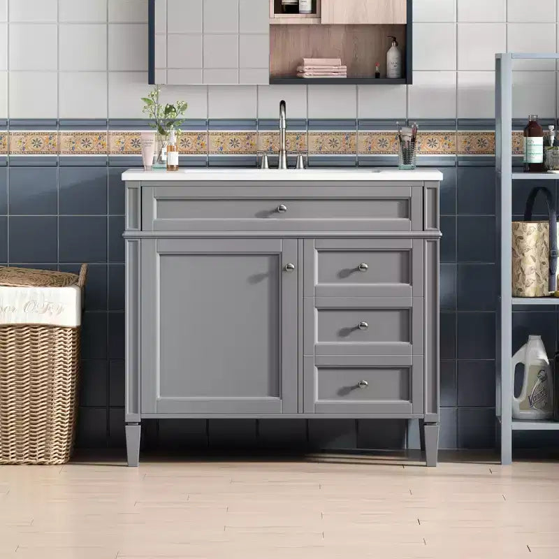 Meuble Lavabo Salle de Bain 36 po avec Évier, Meuble de Rangement Salle de Bain avec Tiroirs, Meuble Lavabo Simple