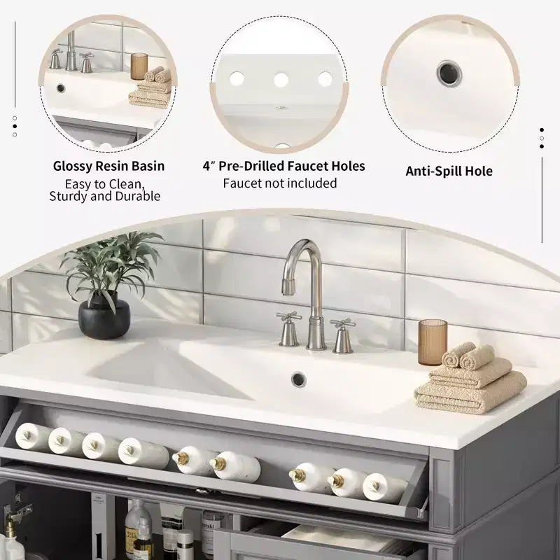 Meuble Lavabo Salle de Bain 36 po avec Évier, Meuble de Rangement Salle de Bain avec Tiroirs, Meuble Lavabo Simple