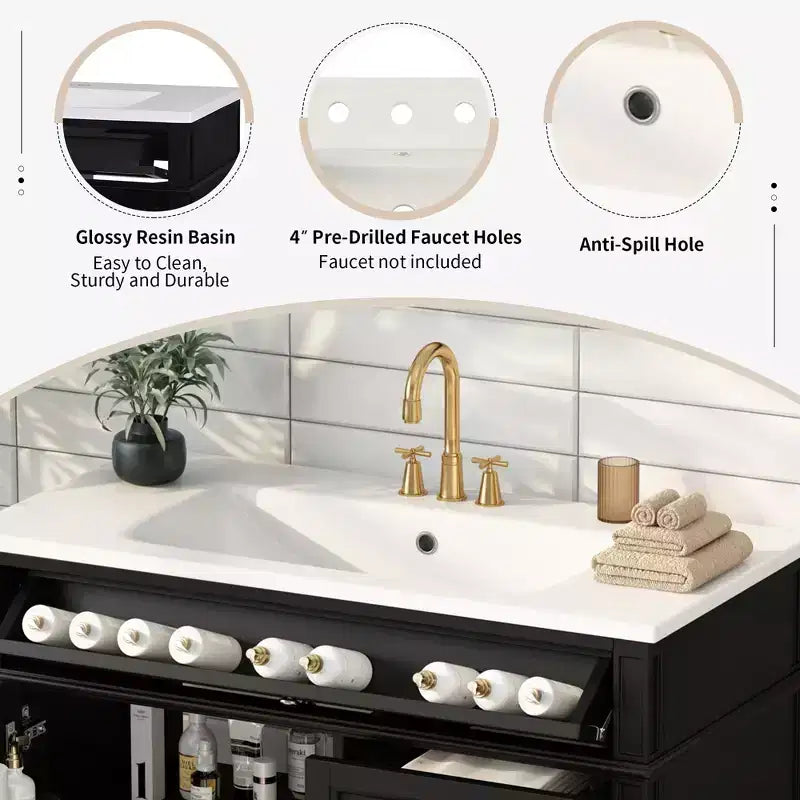 Meuble Lavabo Salle de Bain 36 po avec Évier, Meuble de Rangement Salle de Bain avec Tiroirs, Meuble Lavabo Simple