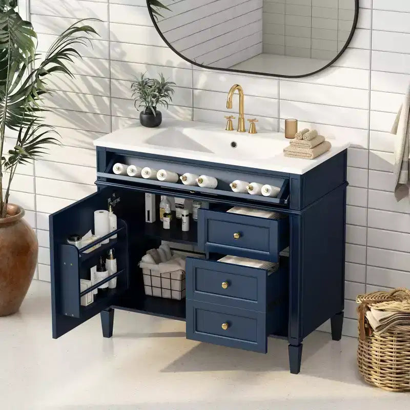 Meuble Lavabo Salle de Bain 36 po avec Évier, Meuble de Rangement Salle de Bain avec Tiroirs, Meuble Lavabo Simple