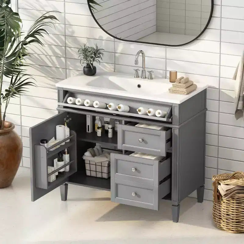 Meuble Lavabo Salle de Bain 36 po avec Évier, Meuble de Rangement Salle de Bain avec Tiroirs, Meuble Lavabo Simple