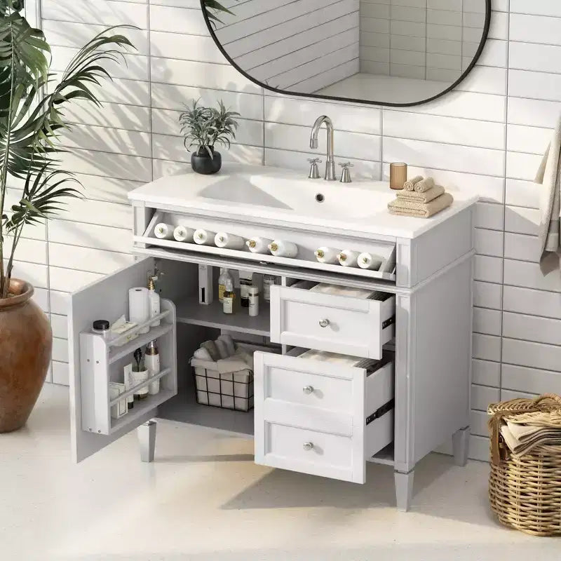 Meuble Lavabo Salle de Bain 36 po avec Évier, Meuble de Rangement Salle de Bain avec Tiroirs, Meuble Lavabo Simple