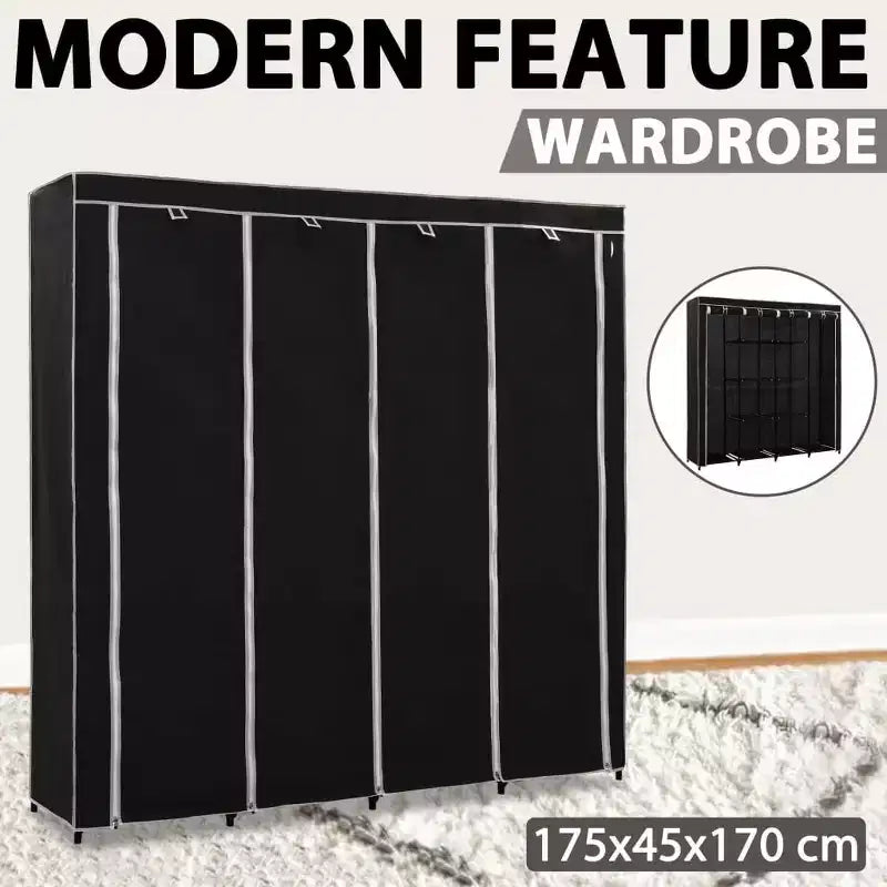 Armoire Cadre en Fer Noir et Tissu Polyester Grande Armoire - Noir