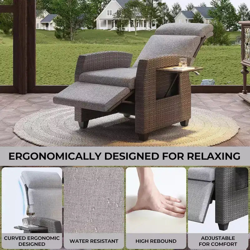 Chaise longue de patio, dossier et repose-pieds réglables en rotin synthétique résistant aux intempéries avec table escamotable et pompe à air