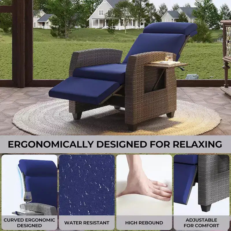 Chaise longue de patio, dossier et repose-pieds réglables en rotin synthétique résistant aux intempéries avec table escamotable et pompe à air