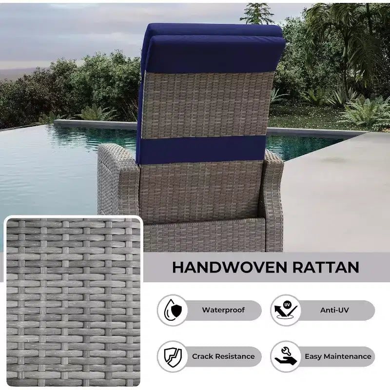 Chaise longue de patio, dossier et repose-pieds réglables en rotin synthétique résistant aux intempéries avec table escamotable et pompe à air