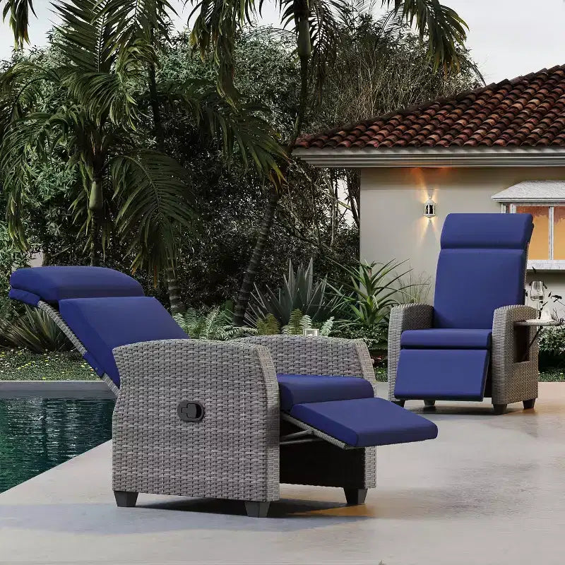 Chaise longue de patio, dossier et repose-pieds réglables en rotin synthétique résistant aux intempéries avec table escamotable et pompe à air