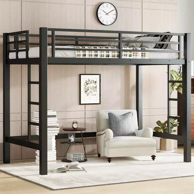 Bellemave Twin/Queen Size Metal Loft Bed with Easy Climbing Ladder and Guardrails, Black