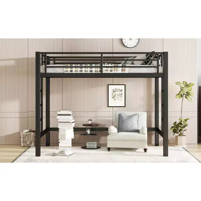Lit mezzanine en métal pour deux personnes/grand lit avec échelle facile à monter et garde-corps, noir