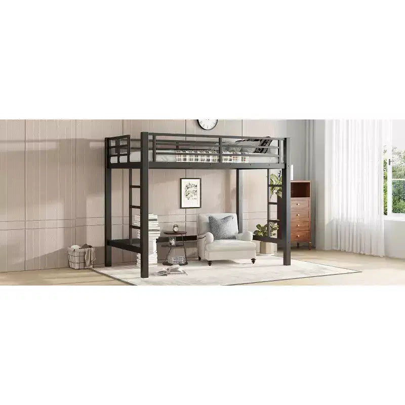 Lit mezzanine en métal pour deux personnes/grand lit avec échelle facile à monter et garde-corps, noir