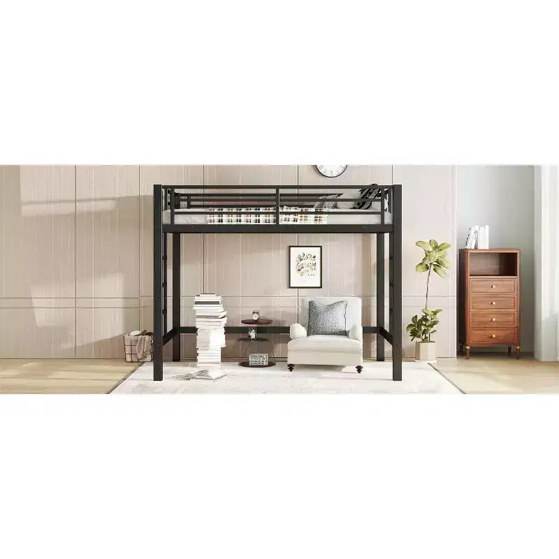 Lit mezzanine en métal pour deux personnes/grand lit avec échelle facile à monter et garde-corps, noir