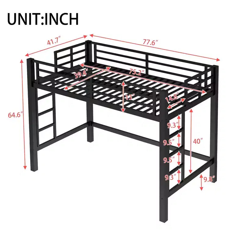 Lit mezzanine en métal pour deux personnes/grand lit avec échelle facile à monter et garde-corps, noir