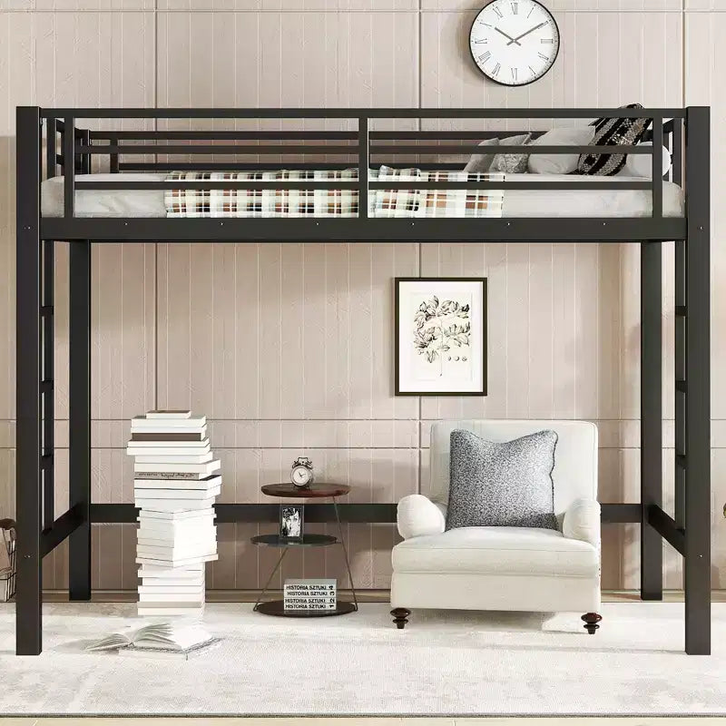 Lit mezzanine en métal pour deux personnes/grand lit avec échelle facile à monter et garde-corps, noir