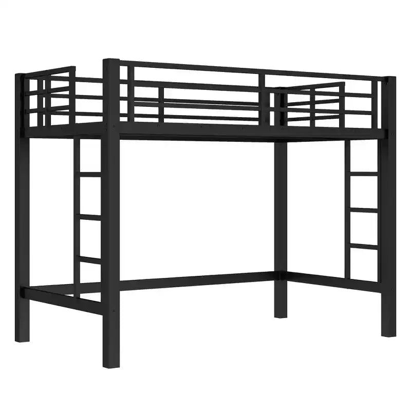 Lit mezzanine en métal pour deux personnes/grand lit avec échelle facile à monter et garde-corps, noir