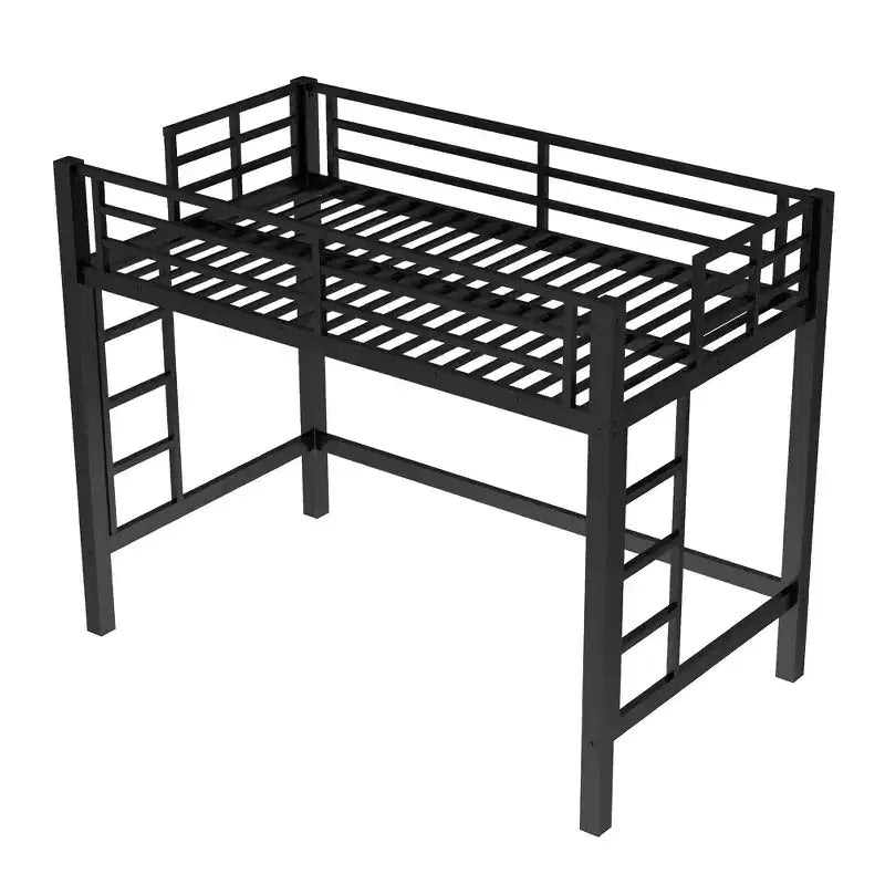 Lit mezzanine en métal pour deux personnes/grand lit avec échelle facile à monter et garde-corps, noir