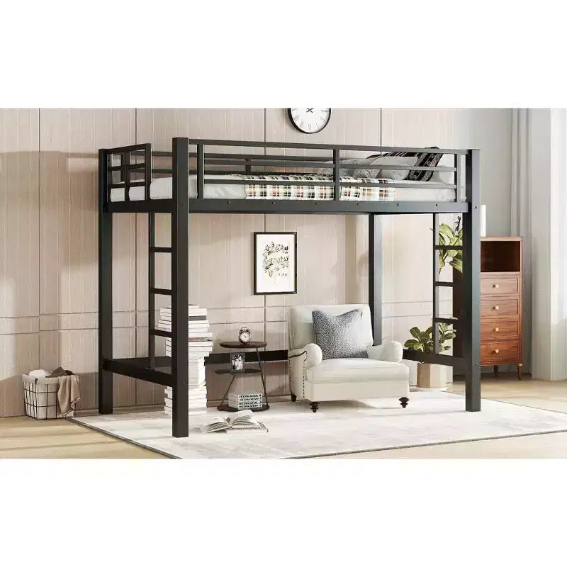 Lit mezzanine en métal pour deux personnes/grand lit avec échelle facile à monter et garde-corps, noir
