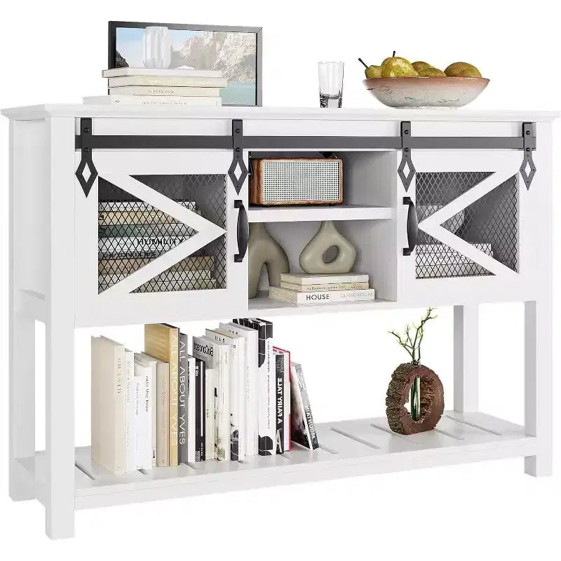 Farmhouse Entryway Table with Sliding Barn Doors,Rustic Console Table with Storage,Open Shelf & Metal Mesh Accents,Industrial Sofa Table for Hallway