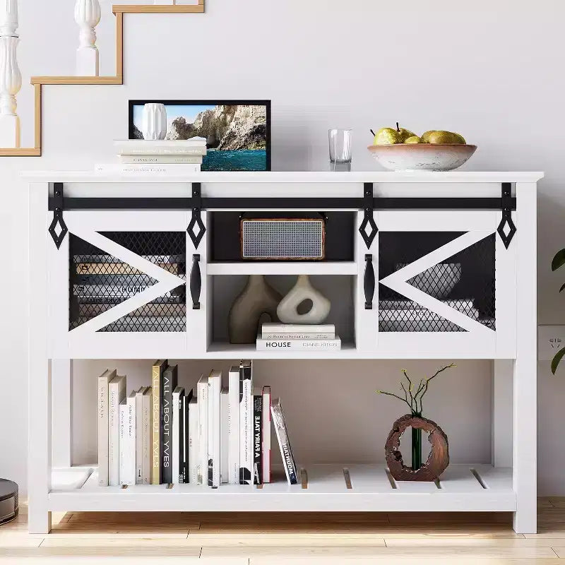 Table d'entrée de ferme avec portes coulissantes, Table console rustique avec rangement, Étagère ouverte et accents en maille métallique, Table de canapé industrielle pour couloir