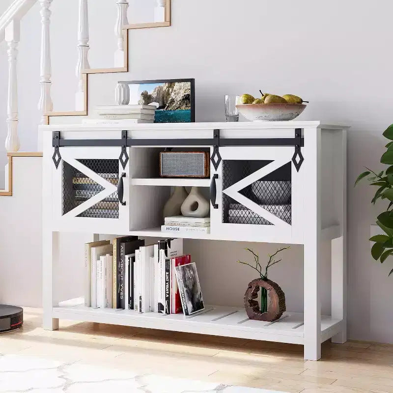 Table d'entrée de ferme avec portes coulissantes, Table console rustique avec rangement, Étagère ouverte et accents en maille métallique, Table de canapé industrielle pour couloir