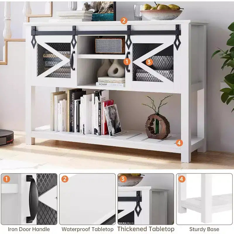 Table d'entrée de ferme avec portes coulissantes, Table console rustique avec rangement, Étagère ouverte et accents en maille métallique, Table de canapé industrielle pour couloir
