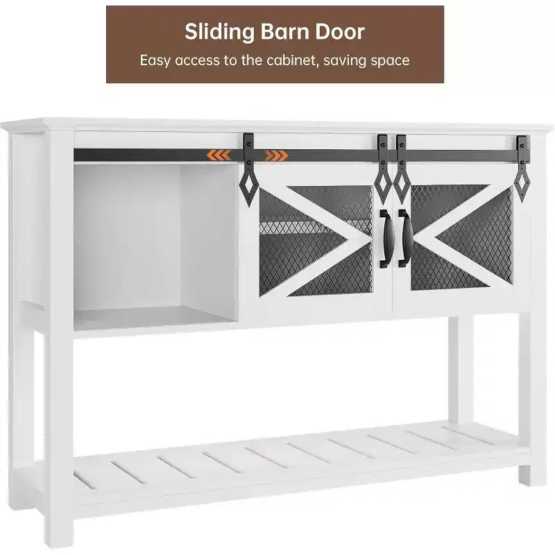 Table d'entrée de ferme avec portes coulissantes, Table console rustique avec rangement, Étagère ouverte et accents en maille métallique, Table de canapé industrielle pour couloir