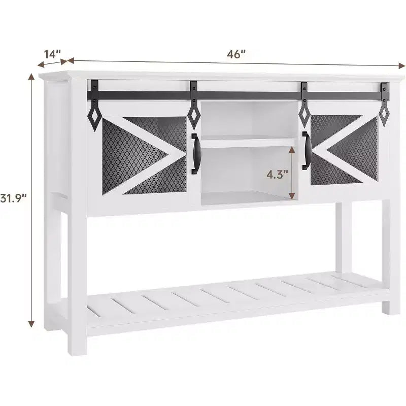 Table d'entrée de ferme avec portes coulissantes, Table console rustique avec rangement, Étagère ouverte et accents en maille métallique, Table de canapé industrielle pour couloir