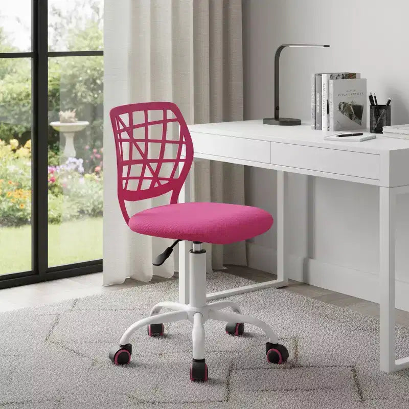 Chaise de bureau pivotante à roulettes, réglable en hauteur, rose et blanche
