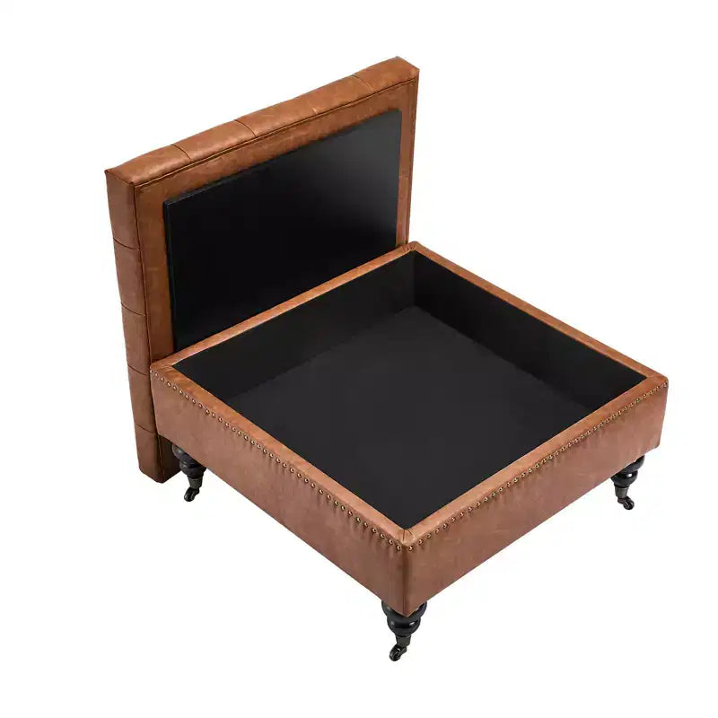 VEVOR 31 in Square Leather Ottoman with Storage, Upholstered Tufted Button Coffee Table Ottoman with Castered Rolling Wheels, PU Leather, Brown