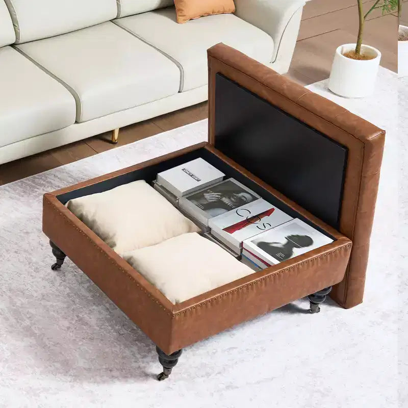 Pouf ottoman carré en cuir de 31 po avec rangement, pouf ottoman capitonné rembourré avec roulettes, en similicuir, marron