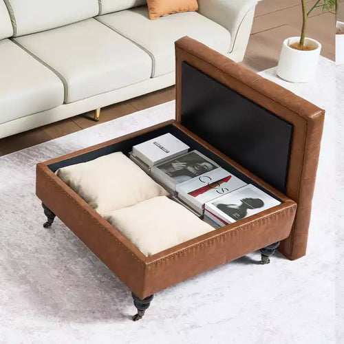 Pouf ottoman carré en cuir de 31 po avec rangement, pouf ottoman capitonné rembourré avec roulettes, en similicuir, marron