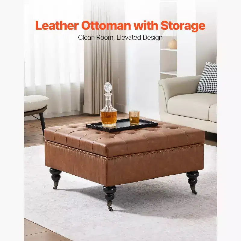 Pouf ottoman carré en cuir de 31 po avec rangement, pouf ottoman capitonné rembourré avec roulettes, en similicuir, marron