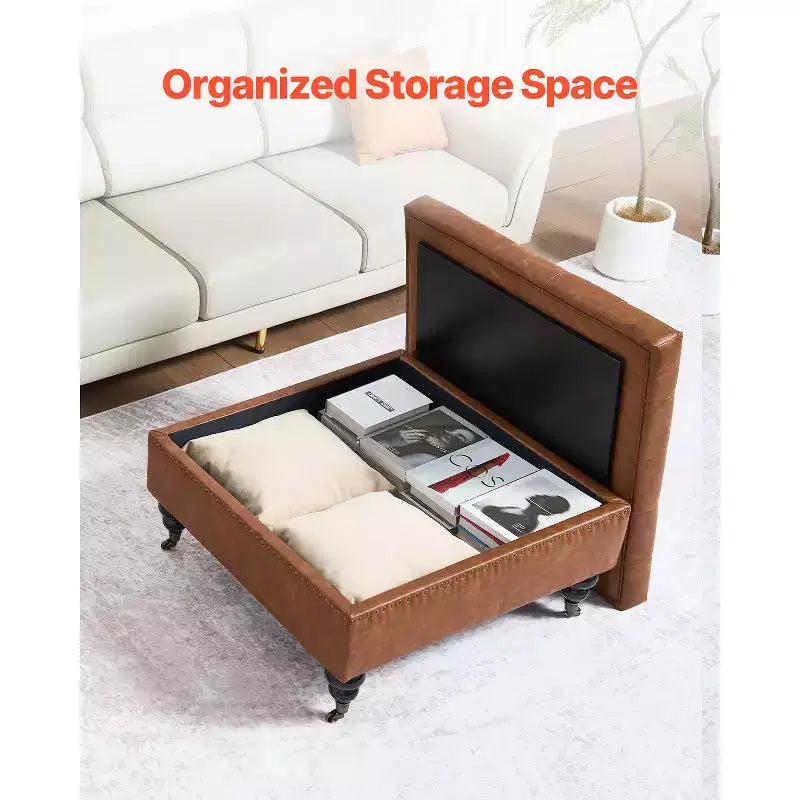 Pouf ottoman carré en cuir de 31 po avec rangement, pouf ottoman capitonné rembourré avec roulettes, en similicuir, marron