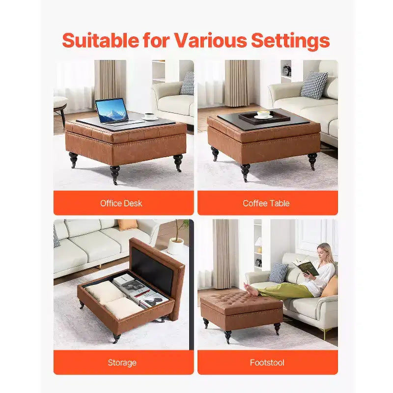 Pouf ottoman carré en cuir de 31 po avec rangement, pouf ottoman capitonné rembourré avec roulettes, en similicuir, marron