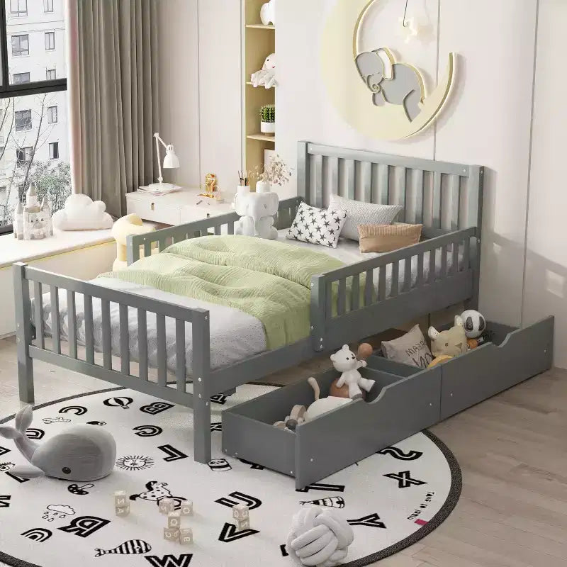 Bellemave Twin Platform Bed with Storage Drawers and Guardrails, Platform Bed for Small Room